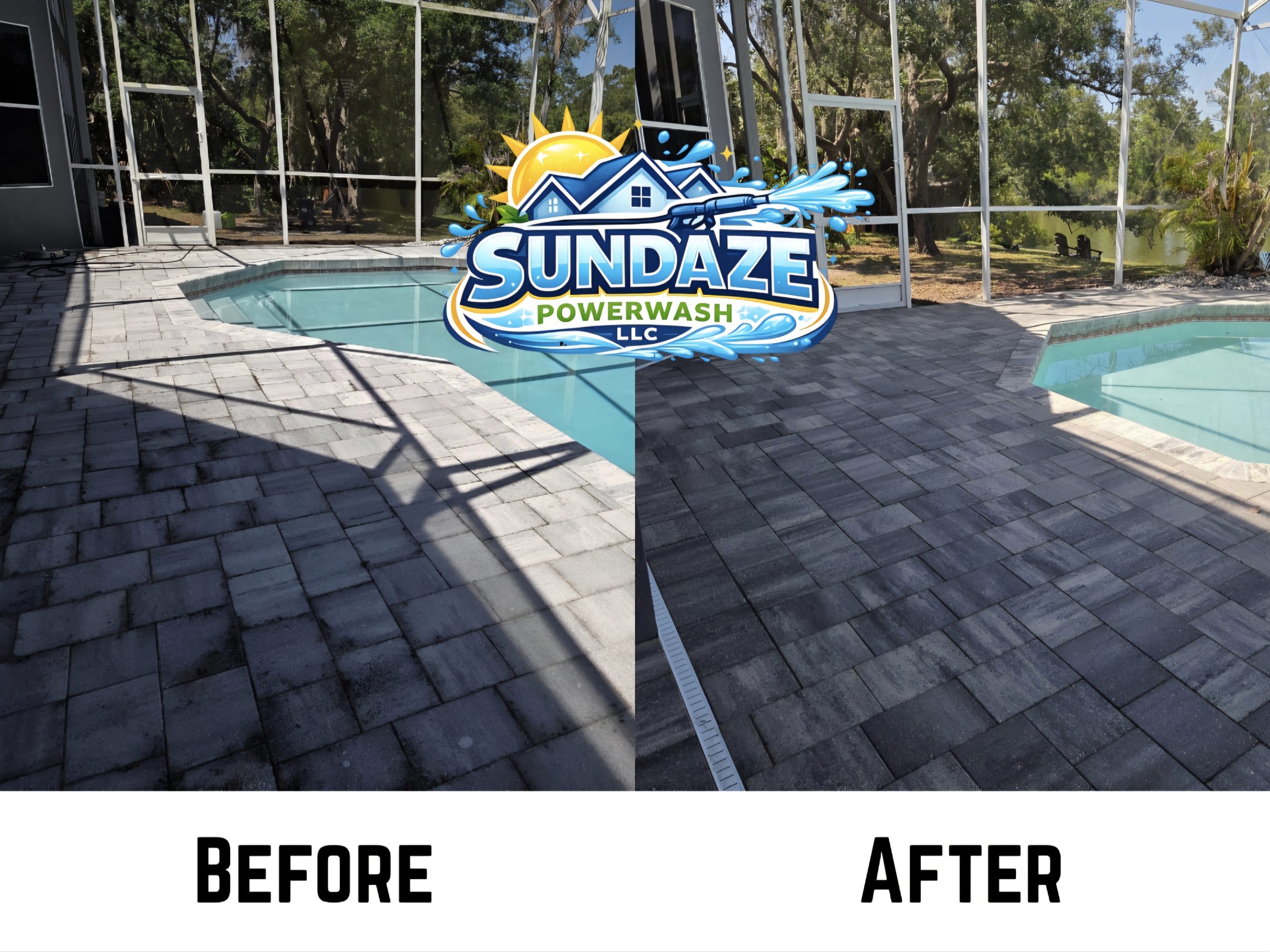 Before and after pool deck cleaning in Titusville FL by Sundaze Powerwash LLC